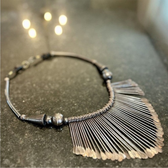 Vintage Mid-Century Modern MCM Boho Bohemian Art Deco Brass Leather Bib Necklace - Picture 2 of 8